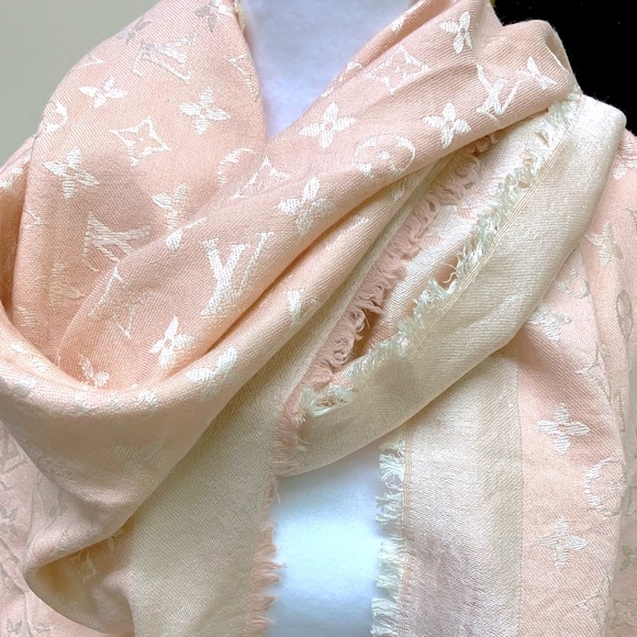 Louis Vuitton Accessories - Auth Louis Vuitton Rose Pink Cream Monogram Denim Shawl Silk Wool Wrap Preloved